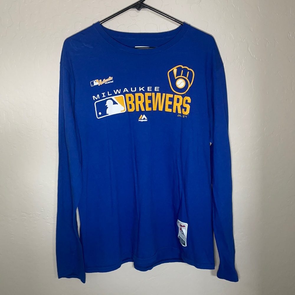 Majestic Authentic MLB Men's Milwaukee Brewers Blue Long Sleeve Shirt Size Large